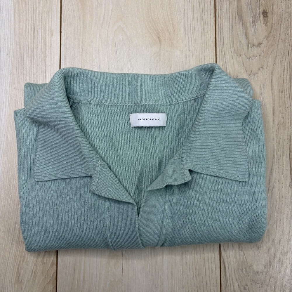 ITALIC 100% Cashmere Open Collar Polo Sweater Mens Small Mint Green Long Sleeve